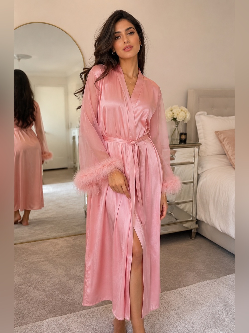 Pink Satin Robe with Sheer Feather Cuffs